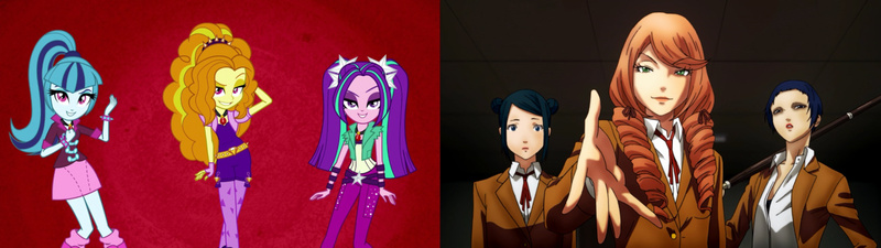 Size: 1298x365 | Tagged: safe, derpibooru import, adagio dazzle, aria blaze, sonata dusk, equestria girls, comparison, kate takenomiya, mitsuko yokoyama, prison school, risa bettou, the dazzlings