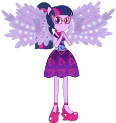 Size: 3000x3180 | Tagged: safe, artist:crimsumic, derpibooru import, sci-twi, twilight sparkle, equestria girls, legend of everfree, clothes, glasses, high heels, ponied up, scitwilicorn, simple background, solo, sparkling, transparent background, vector, wings