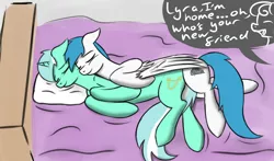 Size: 1500x882 | Tagged: safe, artist:laserbiskit, derpibooru import, bon bon, lyra heartstrings, sweetie drops, oc, oc:spark, bed, canon x oc, cuddling, not shipping, snuggling, spark, spooning, wing blanket