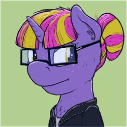 Size: 600x600 | Tagged: safe, artist:sandwichdelta, derpibooru import, oc, oc:reboot, unofficial characters only, pony, unicorn, chest fluff, clothes, cute, ear fluff, freckles, glasses, leather jacket, solo