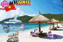 Size: 900x600 | Tagged: safe, artist:trungtranhaitrung, derpibooru import, pinkie pie, rainbow dash, rarity, twilight sparkle, twilight sparkle (alicorn), alicorn, pony, amy rose, beach, beach chair, beach umbrella, book, clothes, crossover, cruise, female, float, food, gif, ice cream, image, irl, male, mare, miles "tails" prower, ocean, photo, ponies in real life, shade, sleeping, sonic the hedgehog, sonic the hedgehog (series), swimsuit, treasure chest, vacation, vietnam, water motorcycle