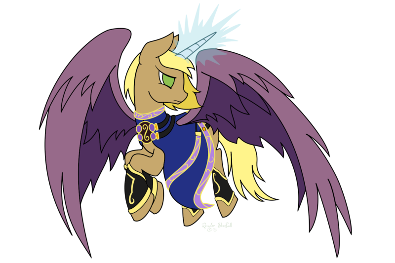 Size: 1500x1000 | Tagged: safe, artist:renderstarfall, derpibooru import, ponified, alicorn, pony, alicorn oc, alicornified, breath of fire, breath of fire 2, colored wings, female, flying, magic, mare, nina (breath of fire), race swap, robes, solo, spread wings, wings