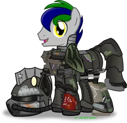 Size: 3099x3006 | Tagged: armor, artist:vector-brony, commission, damaged, derpibooru import, fallout, fallout equestria: changing gears, grenade launcher, helmet, minigun, oc, oc:right away, power armor, powered exoskeleton, safe, simple background, solo, transparent background, unofficial characters only, vector