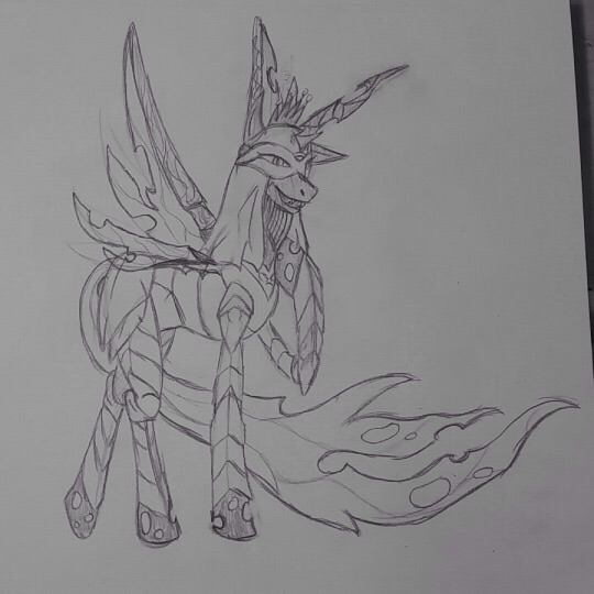 Size: 540x540 | Tagged: artist:dectectivehunter, crossover, dancer of the boreal valley, dark souls, dark souls 3, derpibooru import, monochrome, queen chrysalis, request, requested art, safe, solo, traditional art, tumblr
