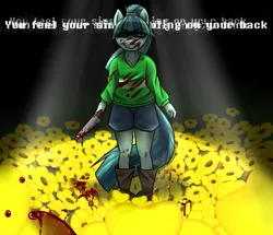 Size: 1123x965 | Tagged: grimdark, artist:shilohsmilodon, derpibooru import, oc, oc:deoxy, unofficial characters only, anthro, blood, chara, clothes, crossover, flower, knife, shirt, shorts, solo, undertale, weapon