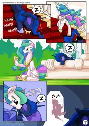 Size: 955x1351 | Tagged: safe, artist:mysticalpha, derpibooru import, princess celestia, princess luna, alicorn, pony, comic:day in the lives of the royal sisters, blanket, comic, crown, eyeshadow, female, fountain, horseshoes, jewelry, kissing, magic, makeup, mare, music notes, peytral, pillow, plot, regalia, sitting, sleeping, speech bubble, stairs, telekinesis, z