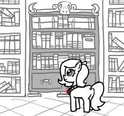 Size: 640x600 | Tagged: safe, artist:ficficponyfic, derpibooru import, oc, oc:emerald jewel, unofficial characters only, earth pony, pony, colt quest, amulet, book, bookshelf, child, colt, curious, drawer, floor, foal, hair over one eye, male, skull, solo, spellbook, story included