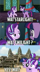 Size: 1922x3434 | Tagged: safe, derpibooru import, edit, edited screencap, screencap, starlight glimmer, twilight sparkle, twilight sparkle (alicorn), alicorn, pony, angkor wat, cambodia, female, filly, image macro, mare, meme, pun, wat