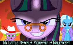 Size: 1500x932 | Tagged: safe, artist:dashiesparkle, artist:stardustxiii, derpibooru import, edit, edited screencap, screencap, snowfall frost, spike, starlight glimmer, trixie, pony, unicorn, a hearth's warming tail, evil, evil grin, female, glasses, hat, mare, open mouth, text, trixie's cape