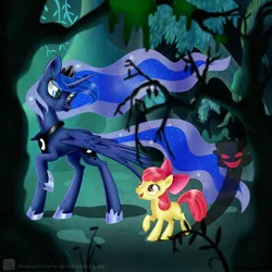 Size: 900x900 | Tagged: apple bloom, artist:swanlullaby, bloom and gloom, derpibooru import, open mouth, princess luna, safe, shadow bloom