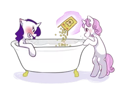 Size: 845x589 | Tagged: safe, artist:cups, derpibooru import, rarity, sweetie belle, pony, bath, bathtub, blushing, cereal, claw foot bathtub, food, milk, milk bath, simple background, transparent background