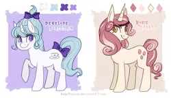 Size: 3159x1824 | Tagged: artist:fayven, bow, derpibooru import, hair bow, oc, oc:penelope porcelain, oc:rosie quartz, reference sheet, safe, tail bow, unofficial characters only