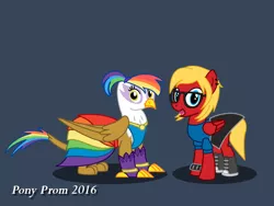 Size: 800x600 | Tagged: safe, artist:d-azulrgb, derpibooru import, oc, oc:katie jay ewing, oc:rainbow feather, unofficial characters only, gryphon, clothes, dress, female, filly, glasses, interspecies offspring, magical lesbian spawn, offspring, parent:gilda, parent:rainbow dash, parents:gildash, pony prom, prom, simple background