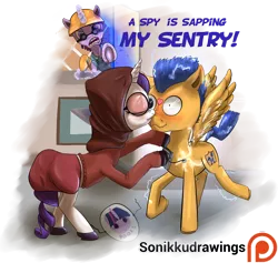 Size: 1600x1518 | Tagged: safe, artist:sonikkudrawings, derpibooru import, flash sentry, rarity, twilight sparkle, abuse, blushing, electrocution, engineer, female, flash as a sentry, flash sentry gets all the mares, flashabuse, flashlight, heart, kissing, male, namesake, patreon, patreon logo, pun, sapper, sentrity, sentry, shipping, spread wings, spy, straight, team fortress 2, visual pun, wide eyes, wingboner, wings