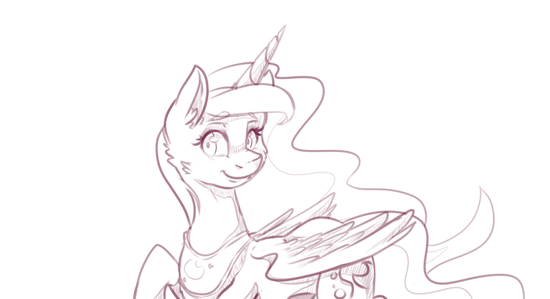 Size: 2650x1440 | Tagged: artist:vicse, derpibooru import, monochrome, princess luna, safe, sketch, smiling, solo