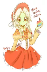 Size: 829x1264 | Tagged: safe, artist:aizy-boy, derpibooru import, granny smith, equestria girls, adorasmith, apple, cute, food, solo, young granny smith, younger, zap apple