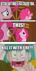 Size: 486x960 | Tagged: safe, derpibooru import, edit, edited screencap, screencap, pinkie pie, earth pony, pony, too many pinkie pies, bulma, clone, comic, dragon ball z, dragonball z abridged, female, freaked out, g3, kill it with fire, mare, pinkie blind, pinkie clone, scary, screencap comic, shocked