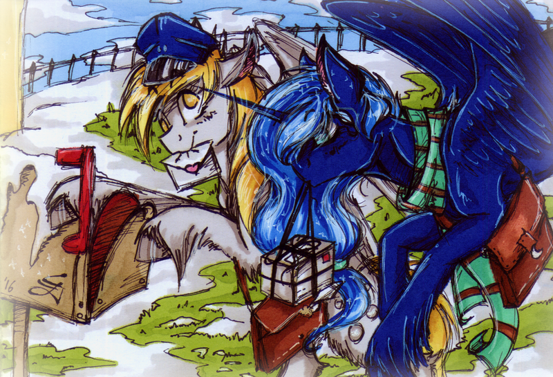 Size: 1024x697 | Tagged: safe, artist:scootiegp, derpibooru import, derpy hooves, princess luna, pegasus, pony, clothes, female, flying, letter, mailbag, mailbox, mailmare, mare, mouth hold, package, scarf, snow, traditional art, unshorn fetlocks