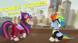Size: 3572x1977 | Tagged: safe, artist:shutterflyeqd, derpibooru import, masked matter-horn, rainbow dash, twilight sparkle, twilight sparkle (alicorn), zapp, alicorn, pegasus, pony, power ponies (episode), bridge, crystaller building, duo, female, lens flare, manehattan, mare, power ponies, raised hoof, sitting, superhero, vector