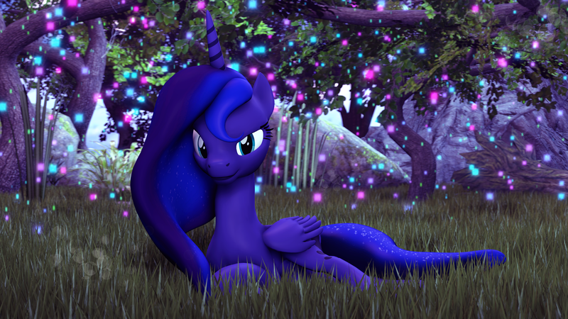 Size: 2560x1440 | Tagged: 3d, artist:thelunagames, blender, cinema4d, derpibooru import, forest, grass, princess luna, prone, safe, sai, solo