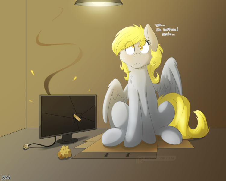 Size: 3000x2400 | Tagged: safe, artist:fluffyxai, derpibooru import, derpy hooves, pegasus, pony, bandaid, cheek fluff, chest fluff, colored pupils, computer, derpy hooves tech support, female, food, i just don't know what went wrong, mare, monitor, muffin, solo, watermark