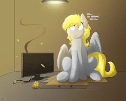 Size: 3000x2400 | Tagged: safe, artist:fluffyxai, derpibooru import, derpy hooves, pegasus, pony, bandaid, cheek fluff, chest fluff, colored pupils, computer, derpy hooves tech support, female, food, i just don't know what went wrong, mare, monitor, muffin, solo, watermark