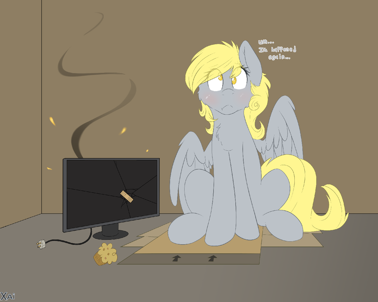 Size: 1280x1024 | Tagged: safe, artist:fluffyxai, derpibooru import, derpy hooves, pegasus, pony, bandaid, box, cheek fluff, chest fluff, computer, derpy hooves tech support, female, flat colors, food, i just don't know what went wrong, mare, monitor, muffin, no pupils, sitting, solo