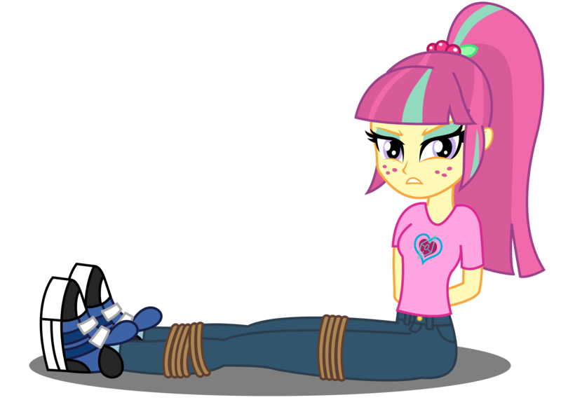 Size: 7000x5000 | Tagged: safe, artist:razethebeast, derpibooru import, sour sweet, equestria girls, friendship games, absurd resolution, bondage, clothes, flash puppet, freckles, hands behind back, kidnapped, looking at you, new outfit, pants, ropes, shoes, show accurate, simple background, sitting, sneakers, solo, tied up, transparent background, vector