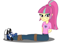 Size: 7000x5000 | Tagged: safe, artist:razethebeast, derpibooru import, sour sweet, equestria girls, friendship games, absurd resolution, bondage, clothes, flash puppet, freckles, hands behind back, kidnapped, looking at you, new outfit, pants, ropes, shoes, show accurate, simple background, sitting, sneakers, solo, tied up, transparent background, vector