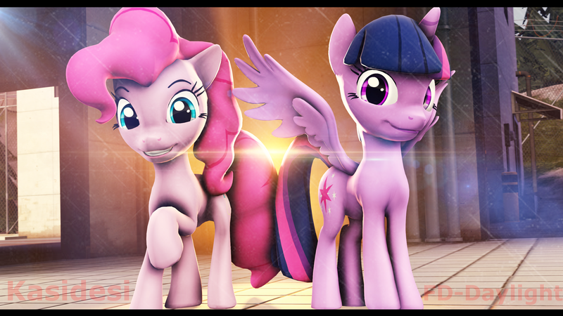 Size: 2560x1440 | Tagged: safe, artist:alcohors, artist:fd-daylight, derpibooru import, pinkie pie, twilight sparkle, twilight sparkle (alicorn), alicorn, pony, 3d, collaboration, female, lens flare, looking at you, mare