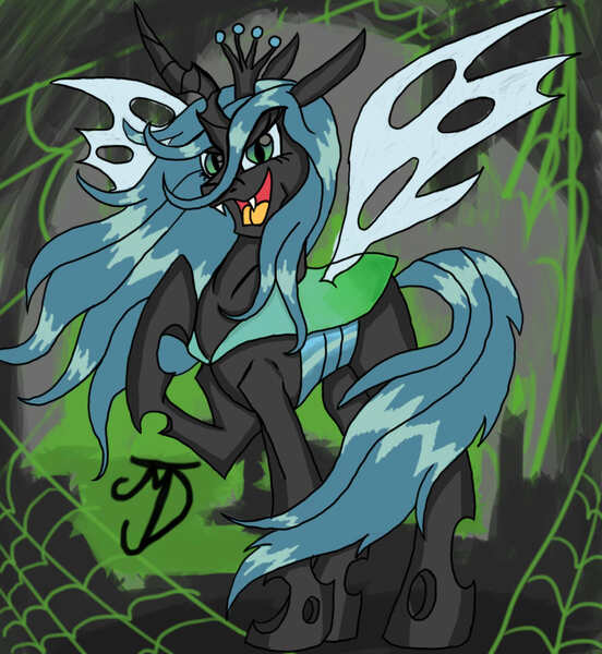 Size: 1748x1901 | Tagged: artist:takutanuvataio, changeling, changeling queen, derpibooru import, female, grin, looking at you, open mouth, queen chrysalis, raised hoof, safe, solo, spider web