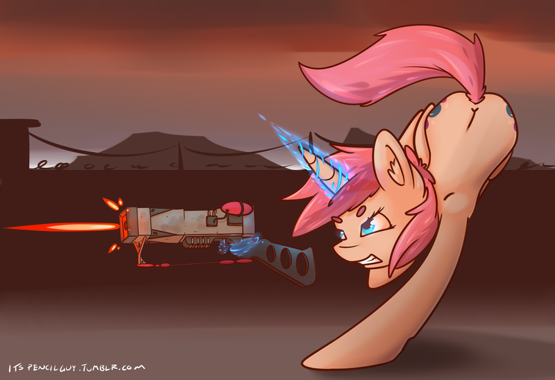 Size: 2500x1713 | Tagged: safe, artist:itspencilguy, derpibooru import, oc, oc:glimmerlight, unofficial characters only, pony, unicorn, fallout equestria, fallout equestria: murky number seven, fanfic, back, cutie mark, energy weapon, fanfic art, female, glowing horn, gritted teeth, gun, hooves, horn, laser rifle, levitation, magic, magical energy weapon, mare, shooting, solo, telekinesis, weapon