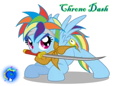 Size: 2414x1706 | Tagged: safe, artist:inkwell, derpibooru import, rainbow dash, pegasus, pony, chrono trigger, crono, crossover, katana, mouth hold, simple background, solo, sword, transparent background, weapon