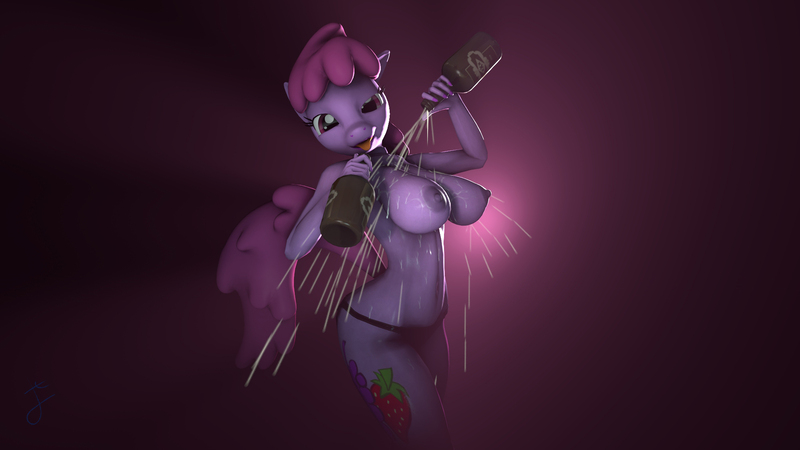 Size: 2000x1125 | Tagged: questionable, artist:hooves-art, derpibooru import, berry punch, berryshine, anthro, 3d, alcohol, belly button, bikini bottom, breasts, busty berry punch, clothes, drunk, female, looking at you, nipples, nudity, pinup, sideboob, solo, solo female, source filmmaker, tongue out, topless