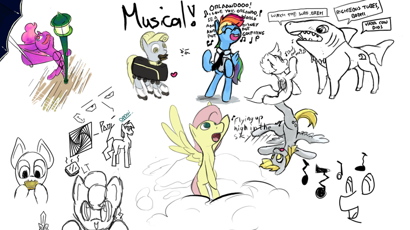 Size: 1920x1080 | Tagged: safe, artist:brainflowcrash, artist:catanddogsoup, artist:helpmedrawhorses, artist:living_dead, artist:strangersaurus, derpibooru import, derpy hooves, fluttershy, rainbow dash, oc, pegasus, pony, shark, cloud, drawpile disasters, female, lamppost, mare, necktie, singing, sketch, sketch dump, umbrella