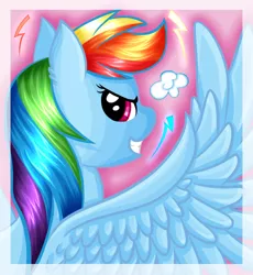 Size: 800x871 | Tagged: artist:nuumia, derpibooru import, grin, looking back, rainbow dash, safe, solo, spread wings