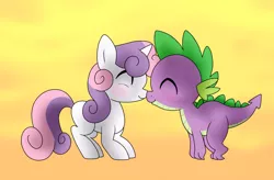 Size: 1024x672 | Tagged: safe, artist:mississippikite, derpibooru import, spike, sweetie belle, dragon, pony, unicorn, boop, cute, daaaaaaaaaaaw, eyes closed, female, filly, male, noseboop, nuzzling, shipping, spikebelle, straight