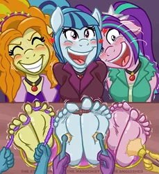 Size: 595x650 | Tagged: suggestive, artist:caroo, derpibooru import, adagio dazzle, aria blaze, sonata dusk, ponified, anthro, plantigrade anthro, equestria girls, rainbow rocks, barefoot, bondage, breasts, brush, busty aria blaze, busty sonata dusk, crying, electric toothbrush, feet, female, floppy ears, foot fetish, foot focus, laughing, stocks, tears of laughter, teasing, the dazzlings, tickle torture, tickling, toe flossing, toe tied, toes