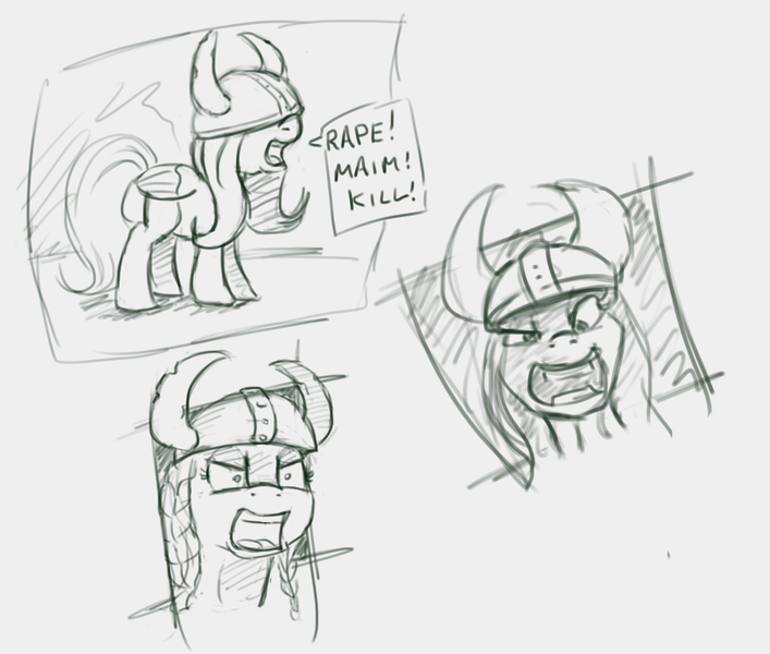 Size: 1030x874 | Tagged: angry, artist:post-it, derpibooru import, fluttershy, helmet, horned helmet, monochrome, semi-grimdark, sketch, sketch dump, solo, suggestive, viking, viking helmet, vulgar, yelling