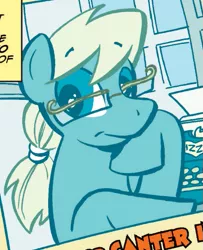 Size: 493x608 | Tagged: safe, derpibooru import, idw, jade singer, summer mane, earth pony, pony, spoiler:comic, glasses, missing horn, race swap, solo, younger