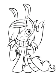 Size: 374x500 | Tagged: antennae, artist:lelazybeamy, beanie, chest fluff, clothes, cute, derpibooru import, hat, male, monochrome, mothpony, oc, oc:luki caelum, original species, pigtails, raised hoof, safe, scarf, sitting, smirk, solo, stallion, stripes, unofficial characters only, wings