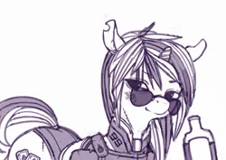 Size: 800x567 | Tagged: safe, artist:wimcrustumplus, derpibooru import, oc, oc:blackjack, unofficial characters only, pony, unicorn, fallout equestria, fallout equestria: project horizons, fanfic, alcohol, armor, bottle, clothes, fanfic art, female, horn, mare, monochrome, scar, security armor, solo, sunglasses, vault security armor, vault suit, whiskey