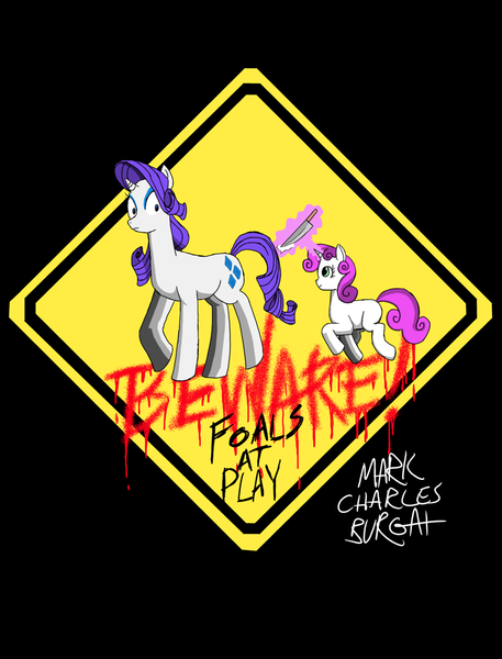 Size: 1024x1343 | Tagged: artist:themarkofmark, beware: children at play, derpibooru import, knife, parody, rarity, semi-grimdark, sweetie belle, troma, troma films