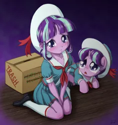 Size: 1000x1054 | Tagged: safe, artist:uotapo, derpibooru import, snowfall frost, starlight glimmer, a hearth's warming tail, equestria girls, box, cardboard box, clothes, colored pupils, crying, cute, equestria girls-ified, female, filly, filly starlight glimmer, glimmerbetes, hat, human ponidox, kneeling, looking at you, prone, sad, self paradox, shirt, shoes, skirt, socks, solo, uotapo is trying to murder us, uotapo will kill us all, weapons-grade cute, younger