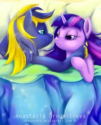 Size: 1053x1300 | Tagged: safe, artist:stasushka, derpibooru import, twilight sparkle, oc, oc:zephyr, bed, bedroom eyes, blanket, canon x oc, cuddling, eye contact, female, male, shipping, side, smiling, snuggling, straight, twiphyr, unshorn fetlocks