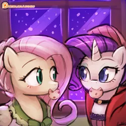 Size: 750x750 | Tagged: safe, artist:lumineko, derpibooru import, flutterholly, fluttershy, merry, rarity, pegasus, pony, unicorn, a hearth's warming tail, clothes, colored pupils, cookie, cute, duo, eye contact, female, flarity, food, friendshipping, lesbian, looking at each other, lumineko is trying to murder us, mare, mouth hold, patreon, patreon logo, ponies with cookies, shipping