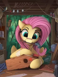 Size: 1810x2430 | Tagged: safe, artist:yakovlev-vad, derpibooru import, fluttershy, bird, pony, bandage, bandaid, bird house, cute, detailed, earbuds, female, fluffy, hammer, kindness, mare, mouth hold, nail, nose bandaid, sandpaper, shyabetes, solo