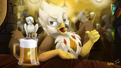 Size: 1000x563 | Tagged: safe, artist:arctic-fox, derpibooru import, oc, oc:argyle, oc:der, unofficial characters only, gryphon, drinking, micro