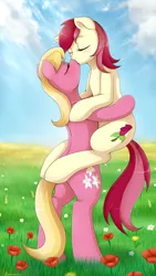 Size: 1500x2665 | Tagged: artist:evomanaphy, cloud, couple, derpibooru import, female, flower, flower field, kissing, lesbian, lily, lily valley, roselily, roseluck, safe, shipping