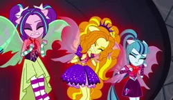 Size: 1208x702 | Tagged: safe, derpibooru import, screencap, adagio dazzle, aria blaze, sonata dusk, equestria girls, rainbow rocks, bare shoulders, fin wings, pendant, ponied up, sleeveless, the dazzlings, welcome to the show